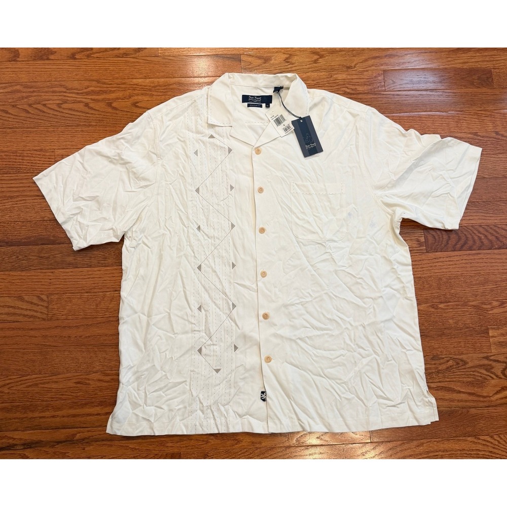 Nat Nast 100% Silk Button-Down Shirt Mens XL White Embroidery Bowling Resort